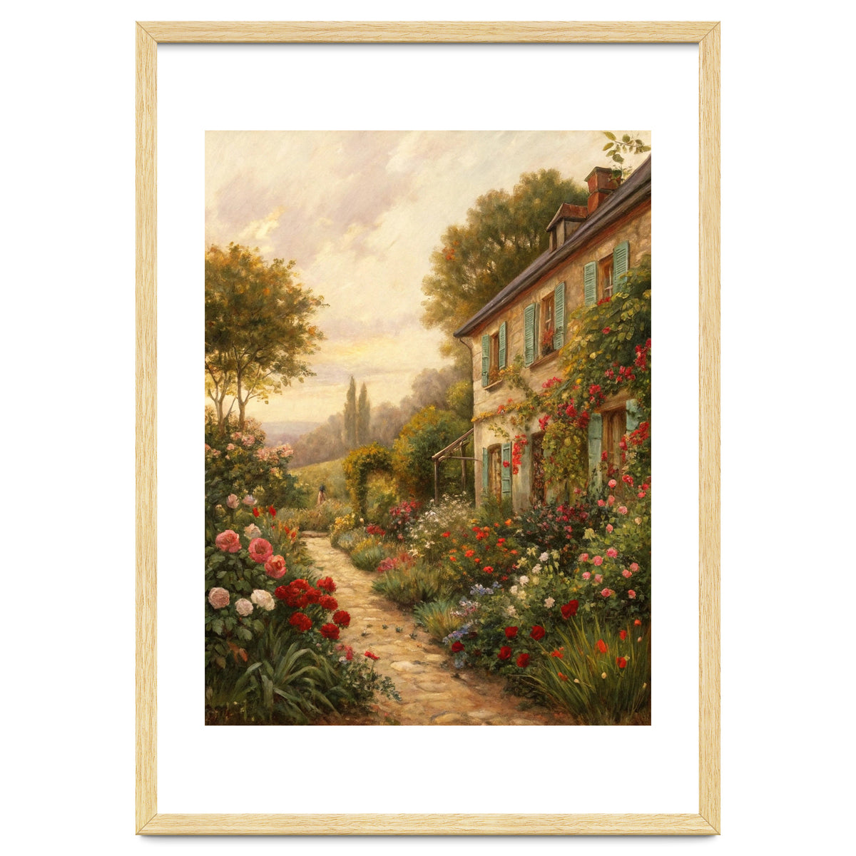 Idyllic Sunlit Cottage Garden Oil Painting