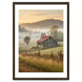 Rustic Red Roof Barn in Misty Morning Valley Landscape thumbnail