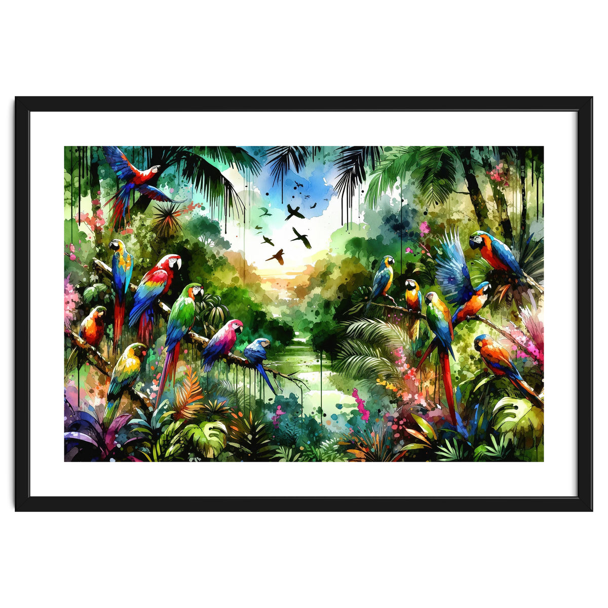 Watercolor Tropical Birds In The Jungle