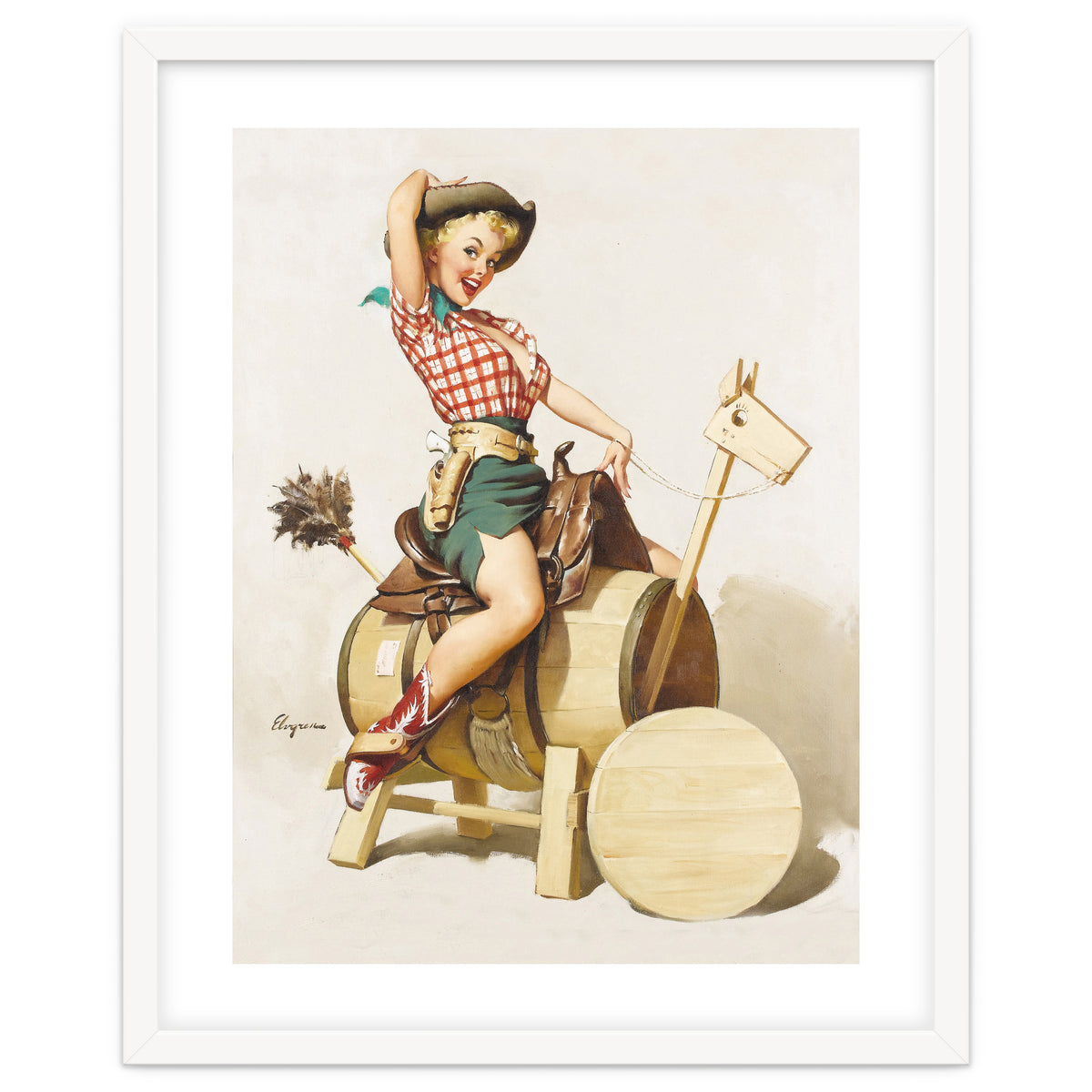 Pinup Cowgirl Riding A Wooden Horse Made Of Barrel