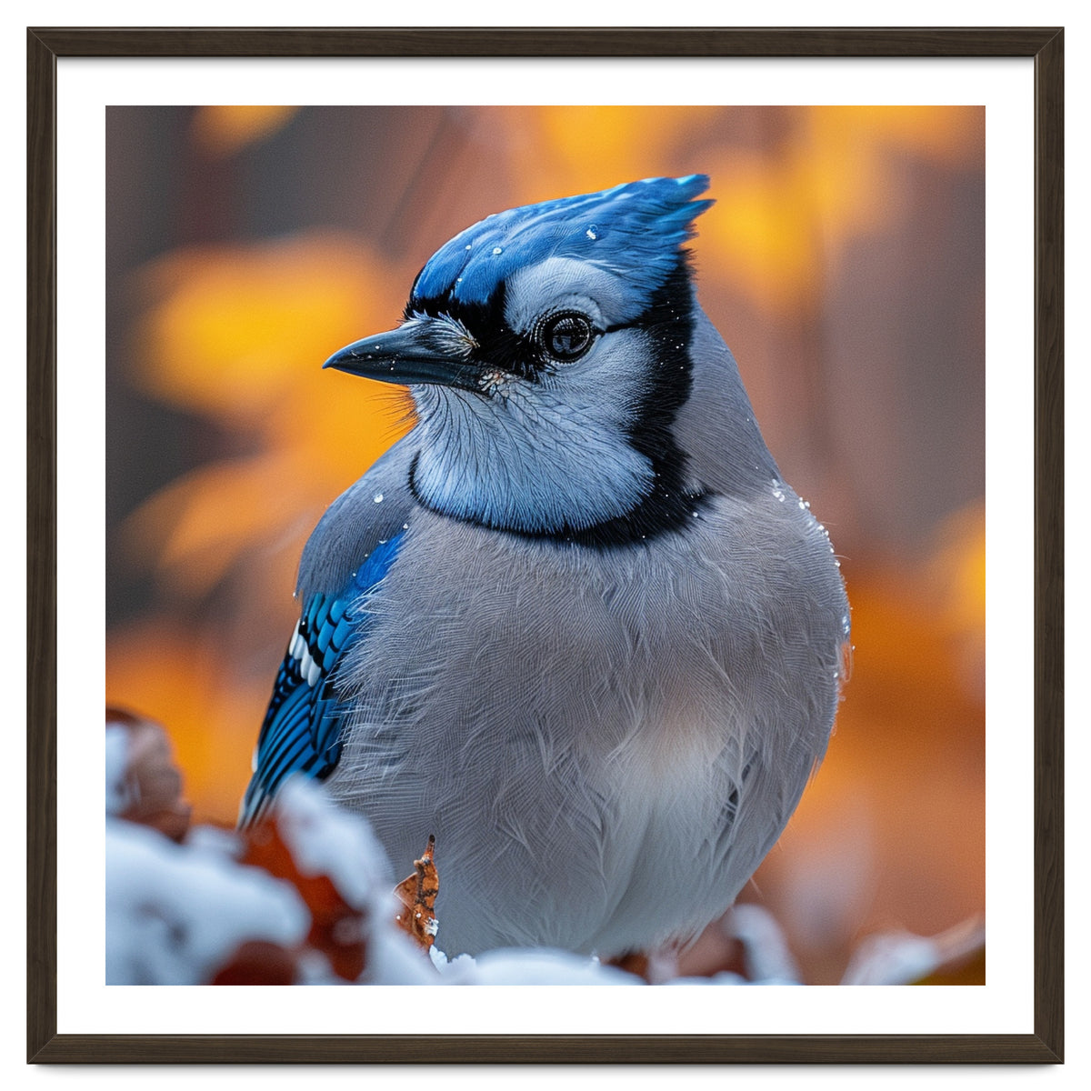Blue Jay Bird In Winter Snowfall And Leaves