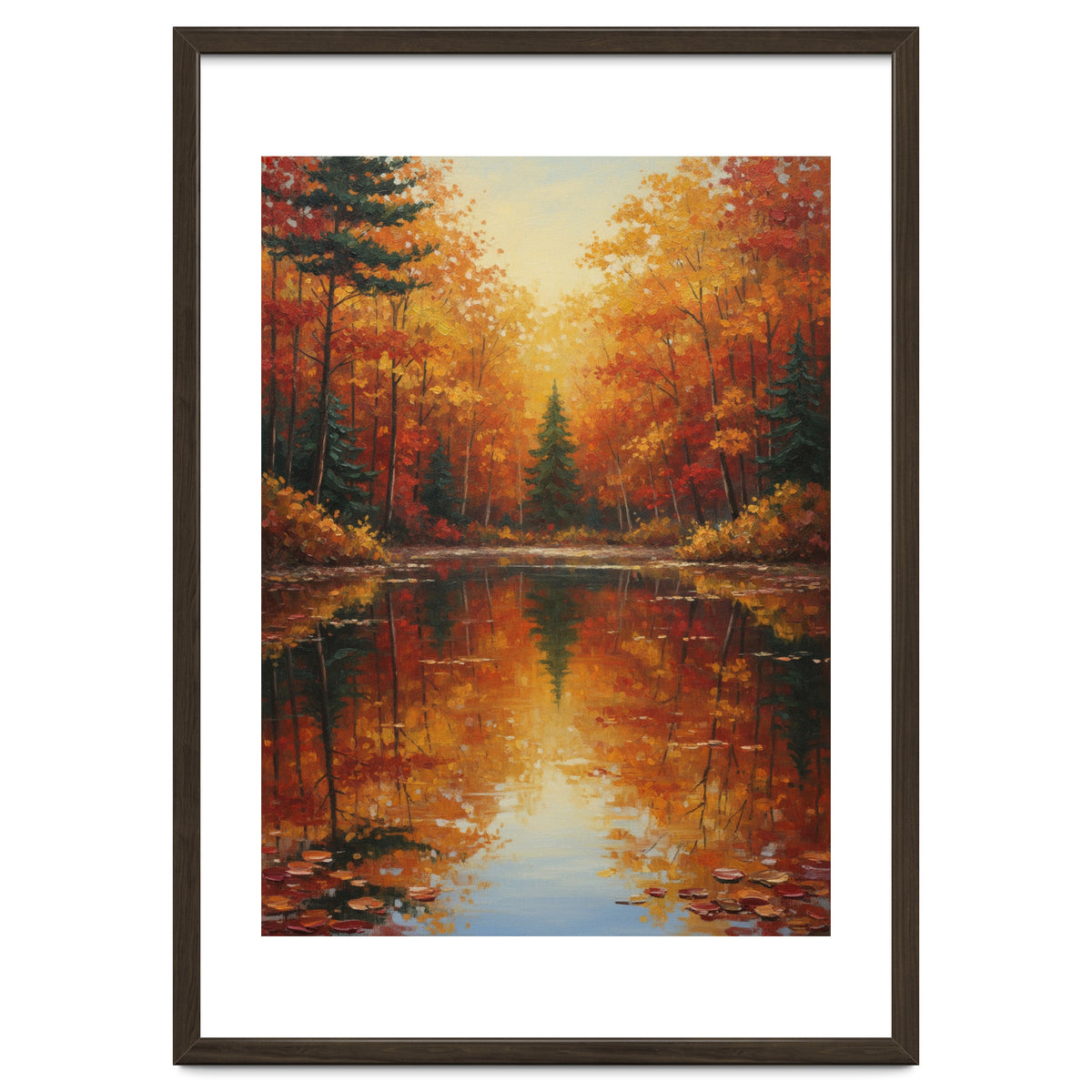 Golden Autumn Reflection: Impasto Forest Landscape