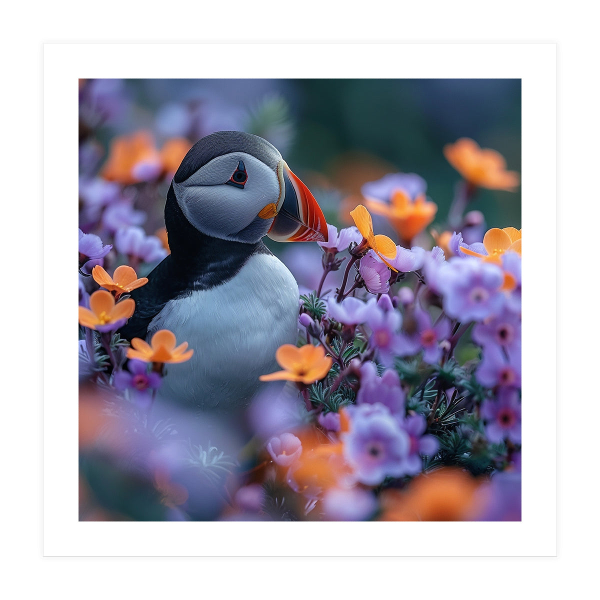 Puffin Bird Among Vibrant Purple And Orange Flowers (Print Only)