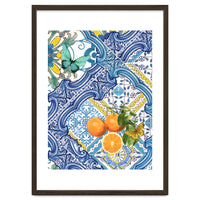 Mediterranean blue tiles, butterflies and citrus fruit