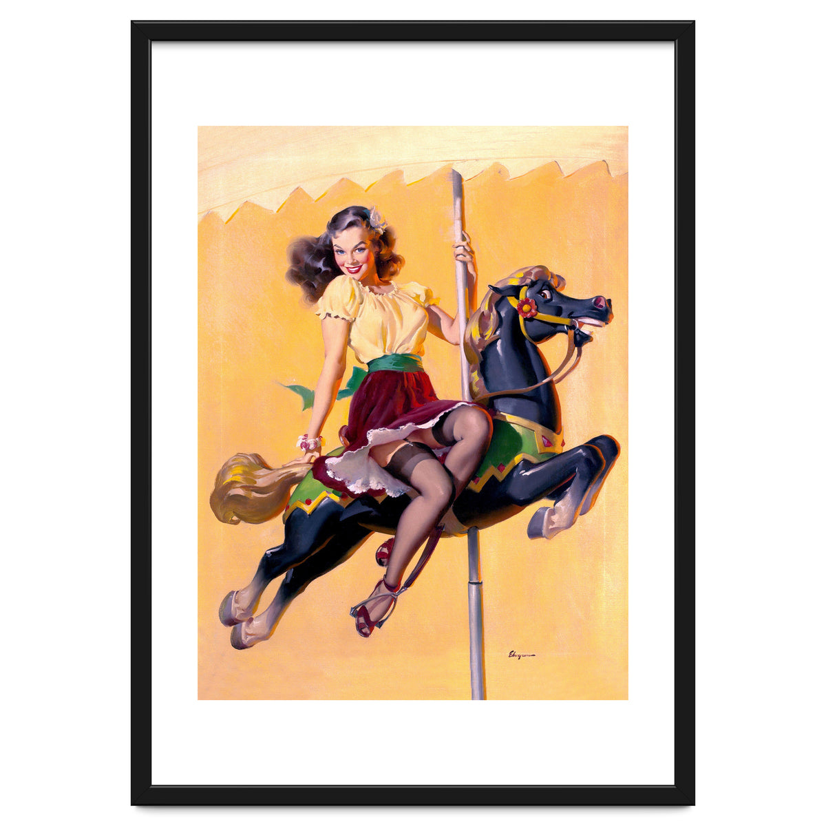 Pinup Sexy Girl Riding A Wooden Horse