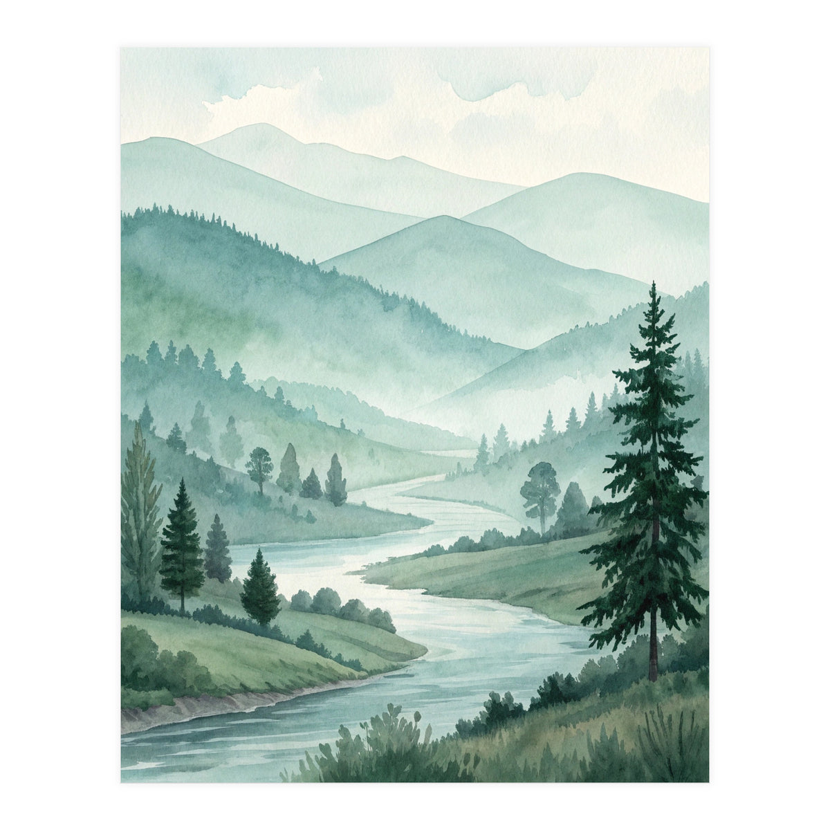Serene Misty Mountain Valley Watercolor Painting (Print Only)