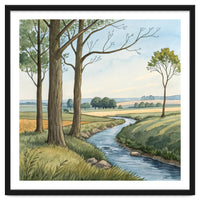 Pastoral Countryside Watercolor Painting with Winding Stream Meadows and Deciduous Trees Landscape