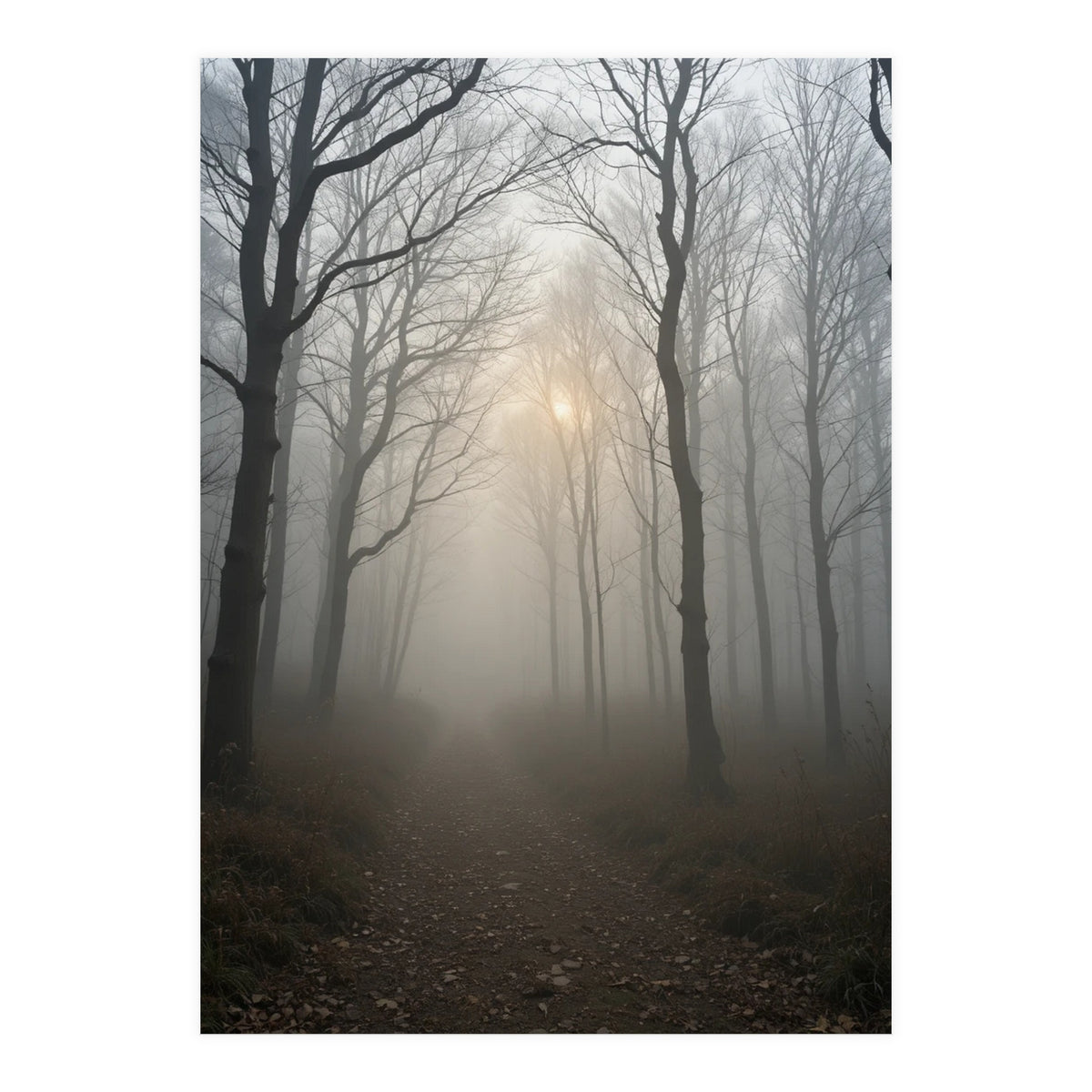 Ethereal Morning Light Breaking Through Dense Forest Fog (Print Only)
