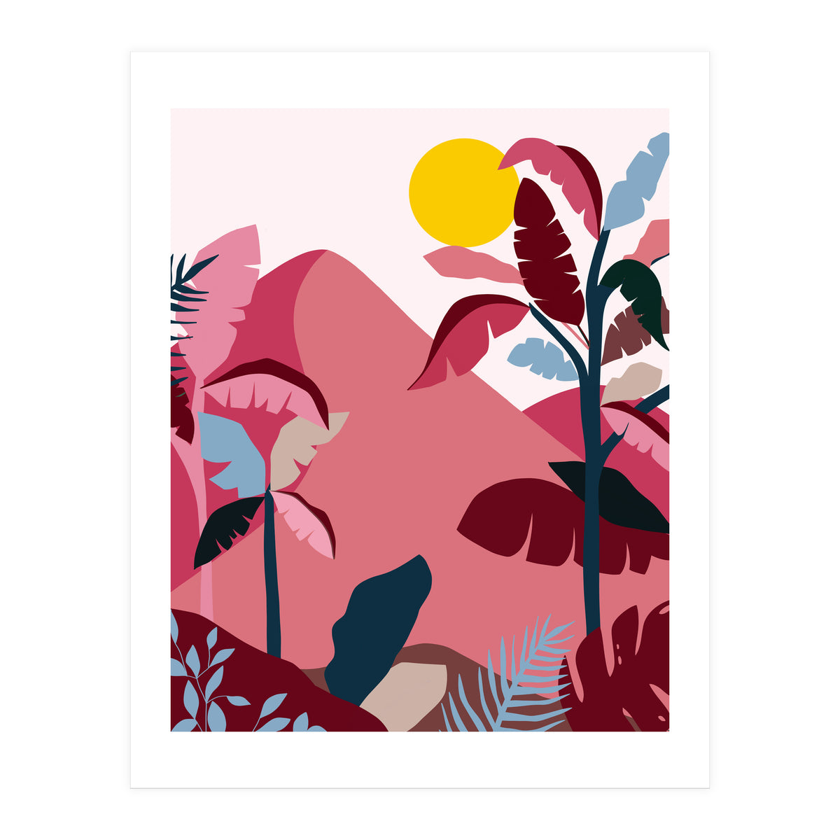 Tropical Sundowner, Pastel Jungle Botanical Nature, Summer Plants Palms Sunset, Mountain Landscape Travel Adventure (Print Only)