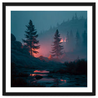 Atmospheric Twilight Pine Forest with Glowing Crimson Light