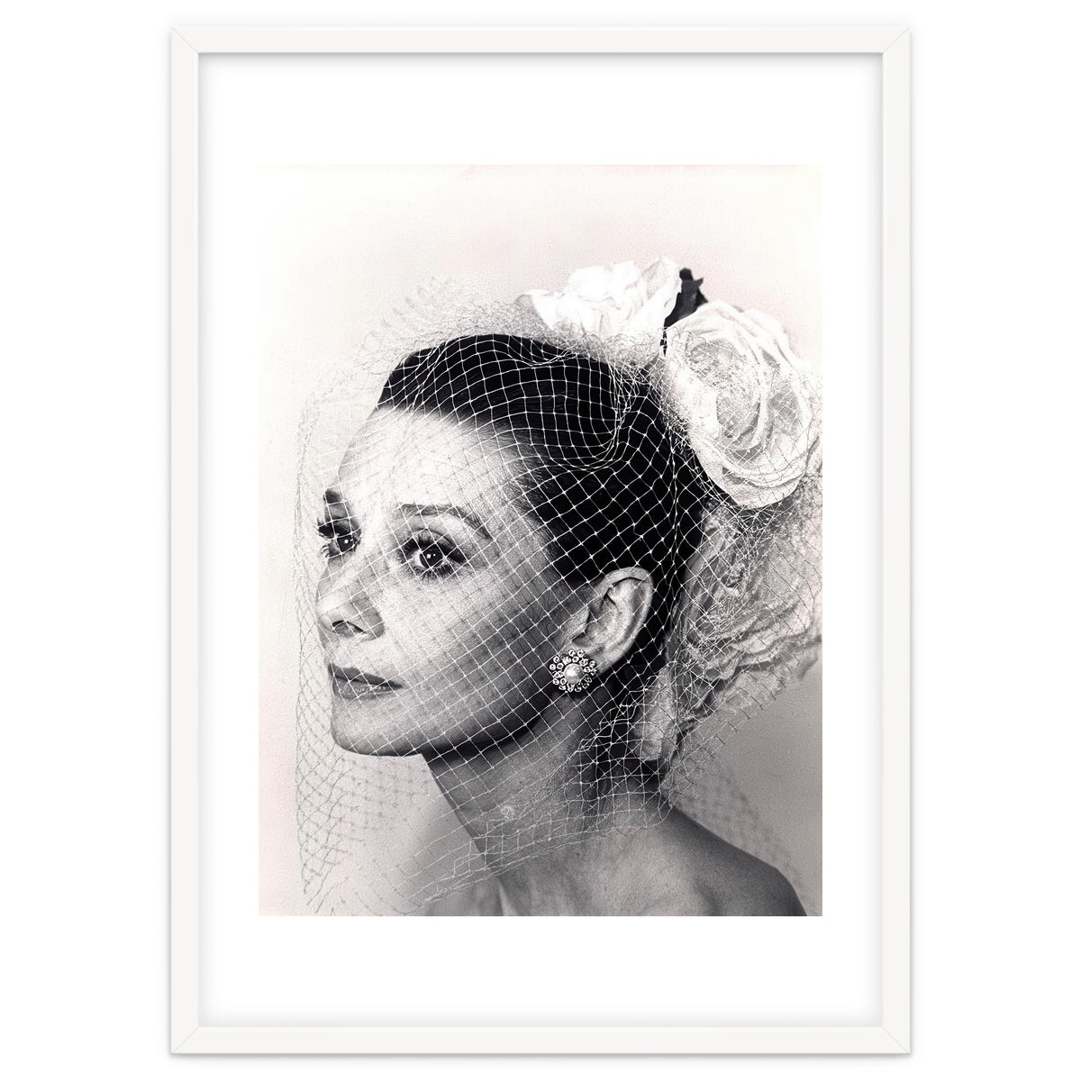 Audrey Hepburn with Veil, Classic Hollywood Glamour Photography, Black and White Icon Portrait