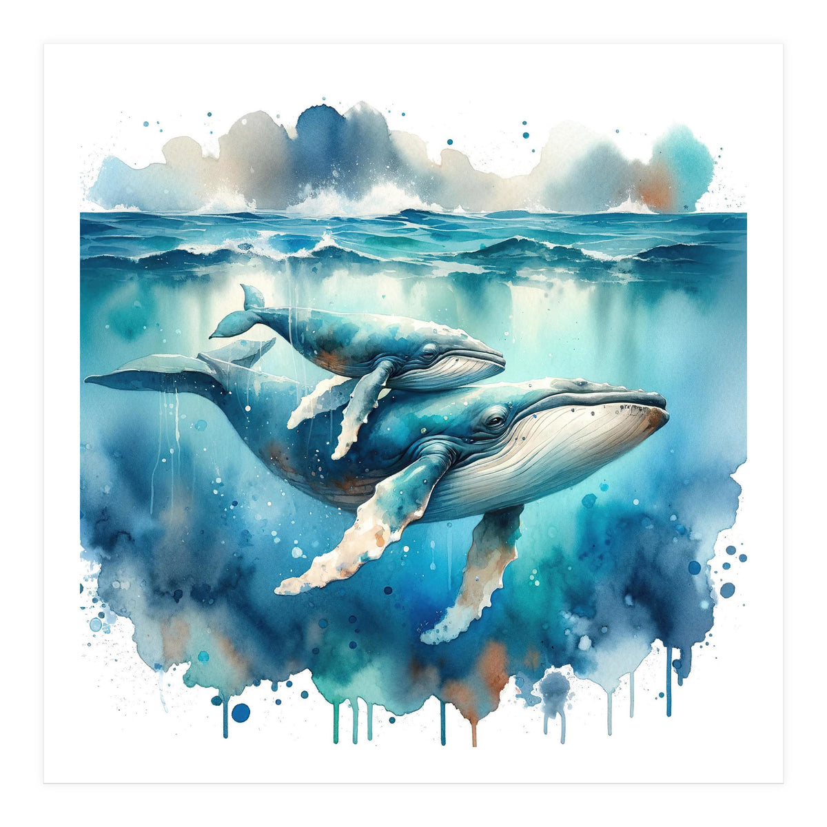 Mother And Calf Whales Watercolor (Print Only)