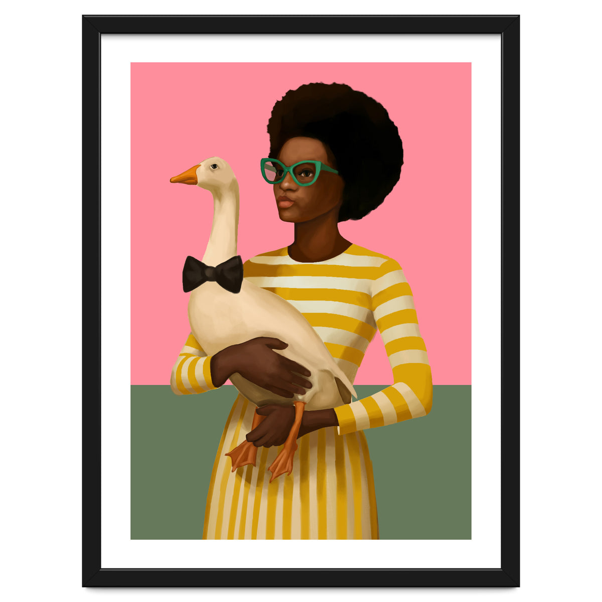 Stylish Woman Holding Goose In Striped Dress