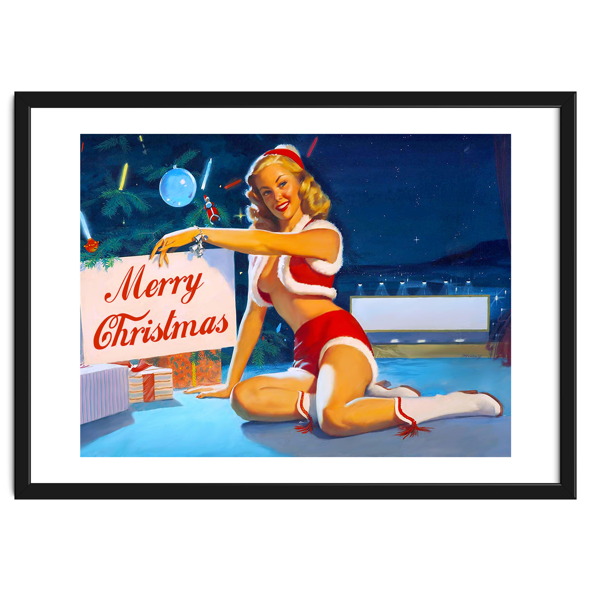 Pinup Girl In Santa Costume With Marry Christmas Sign