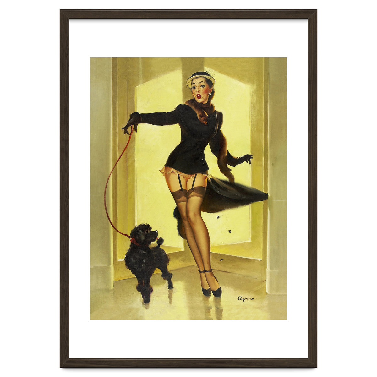 Pinup Girl In Black Dress On A Hall Experiencing Sudden Wind