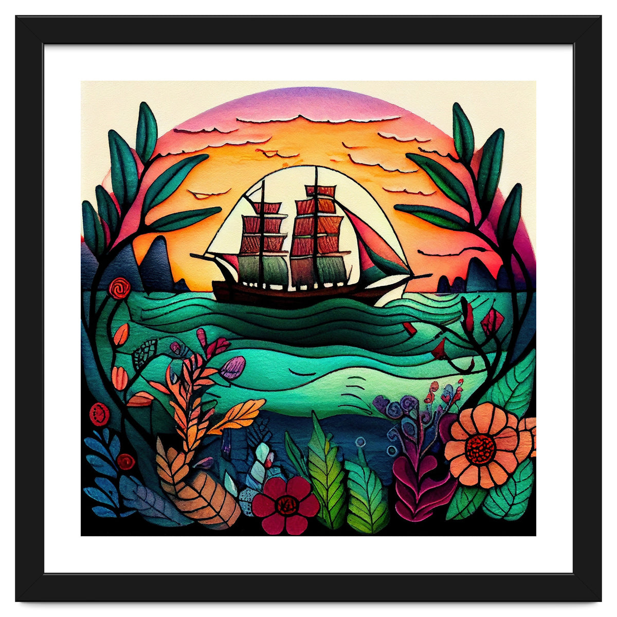 Folk Sunset Sailing Ship
