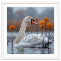 White Swan Swimming In A Lake With Reeds