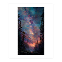 Magical Milky Way Night Sky over Pine Forest Silhouette Art (Print Only)