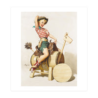 Pinup Cowgirl Riding A Wooden Horse Made Of Barrel (Print Only)