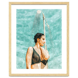 Bathe | Woman Pool Shower | Summer Swim Watercolor Painting | Brunette Bikini Boho Fashion thumbnail