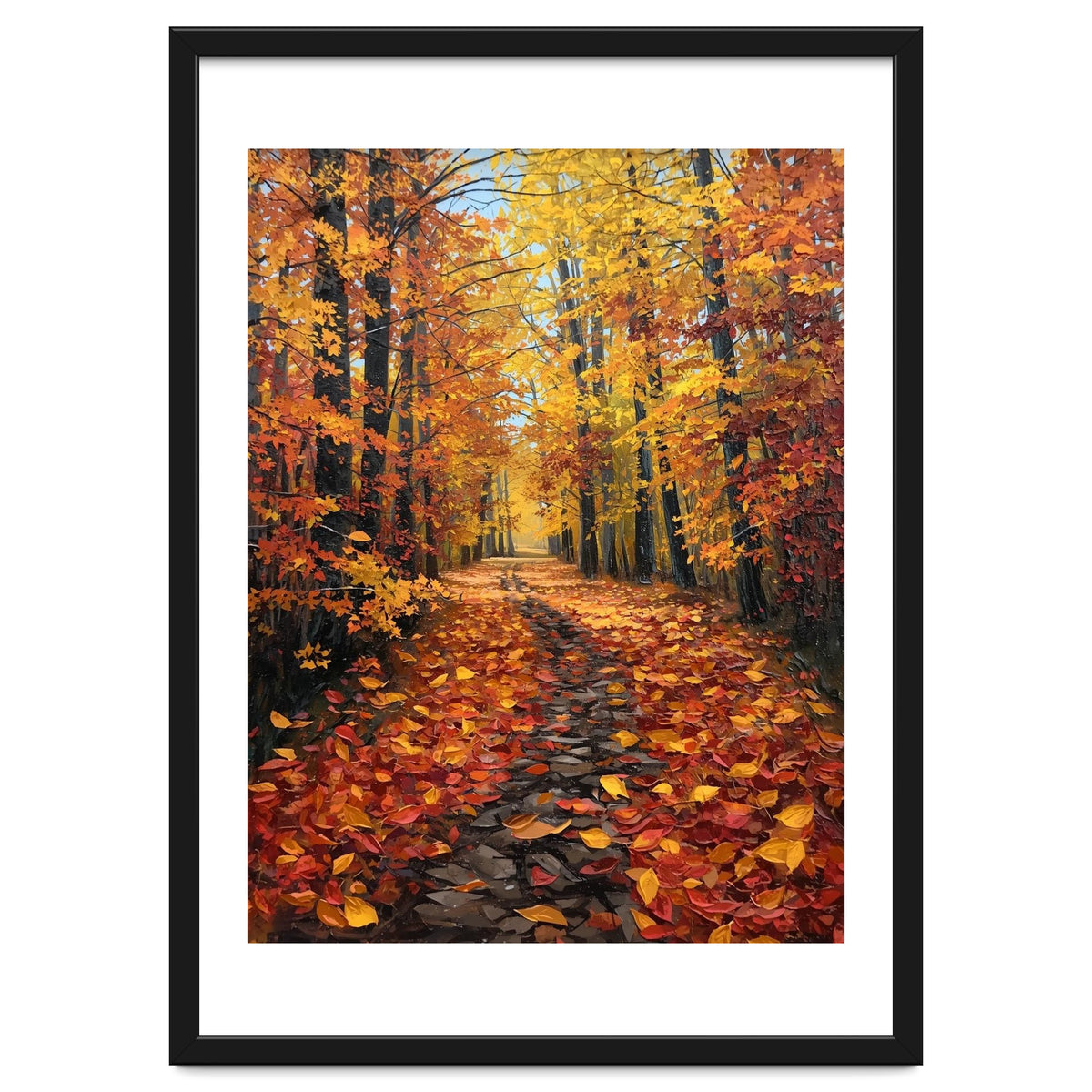 Sun-Drenched Golden Forest Path with Vibrant Autumn Foliage