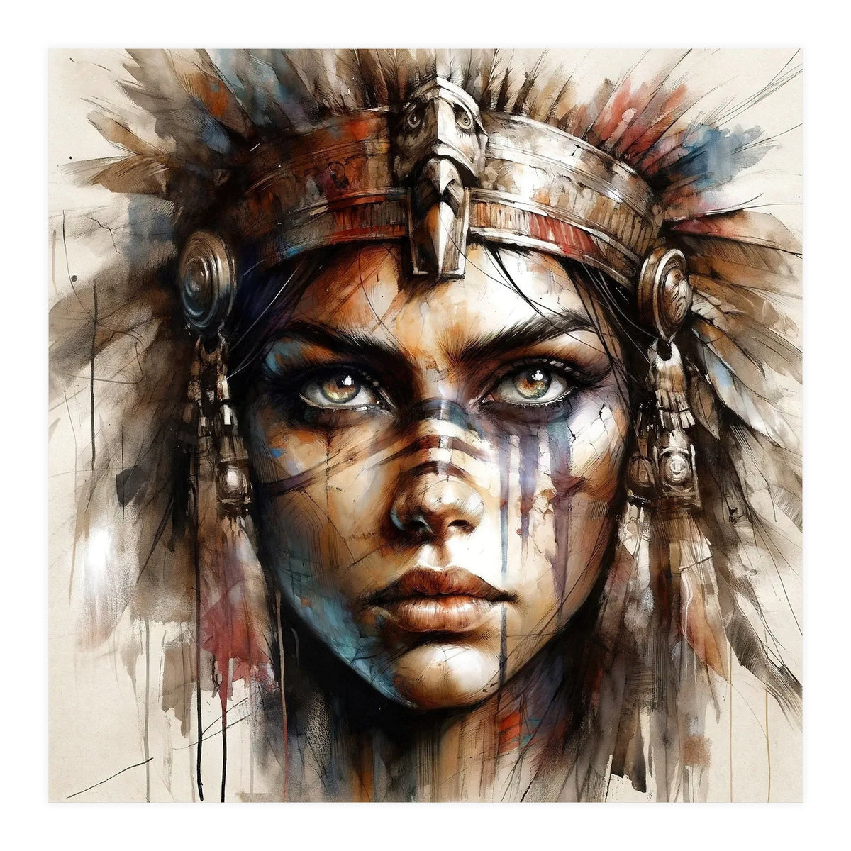 Regal Warrior Woman Watercolor Portrait (Print Only)