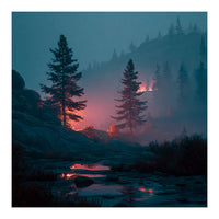 Atmospheric Twilight Pine Forest with Glowing Crimson Light (Print Only)