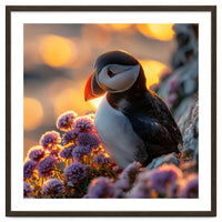 Puffin Bird Amidst Purple Flowers Golden Hour