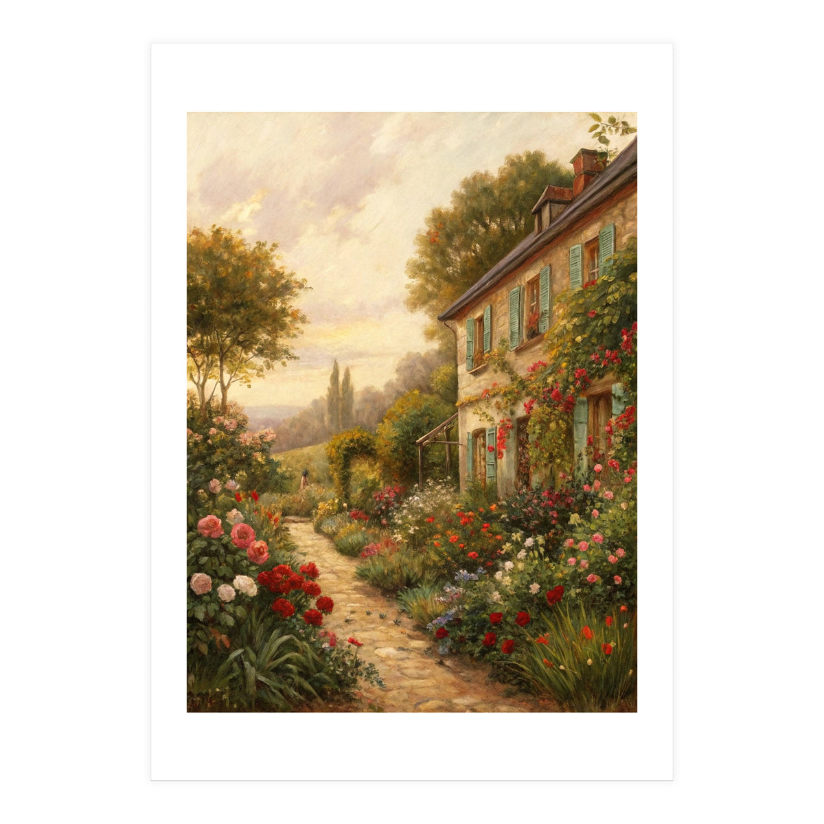 Idyllic Sunlit Cottage Garden Oil Painting (Print Only)