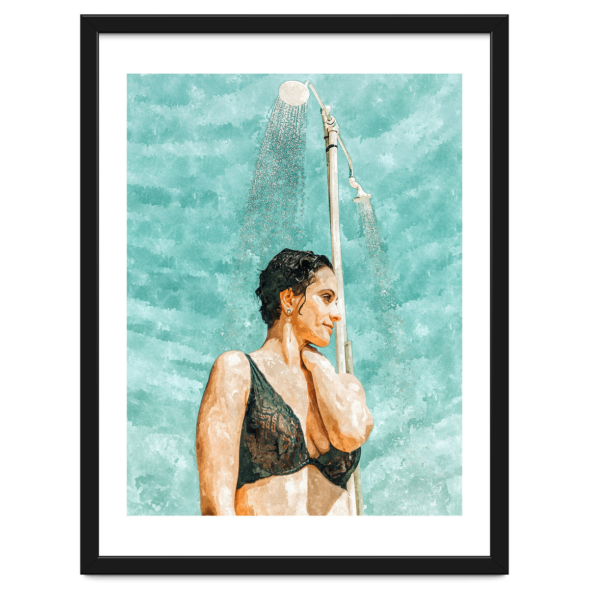 Bathe | Woman Pool Shower | Summer Swim Watercolor Painting | Brunette Bikini Boho Fashion