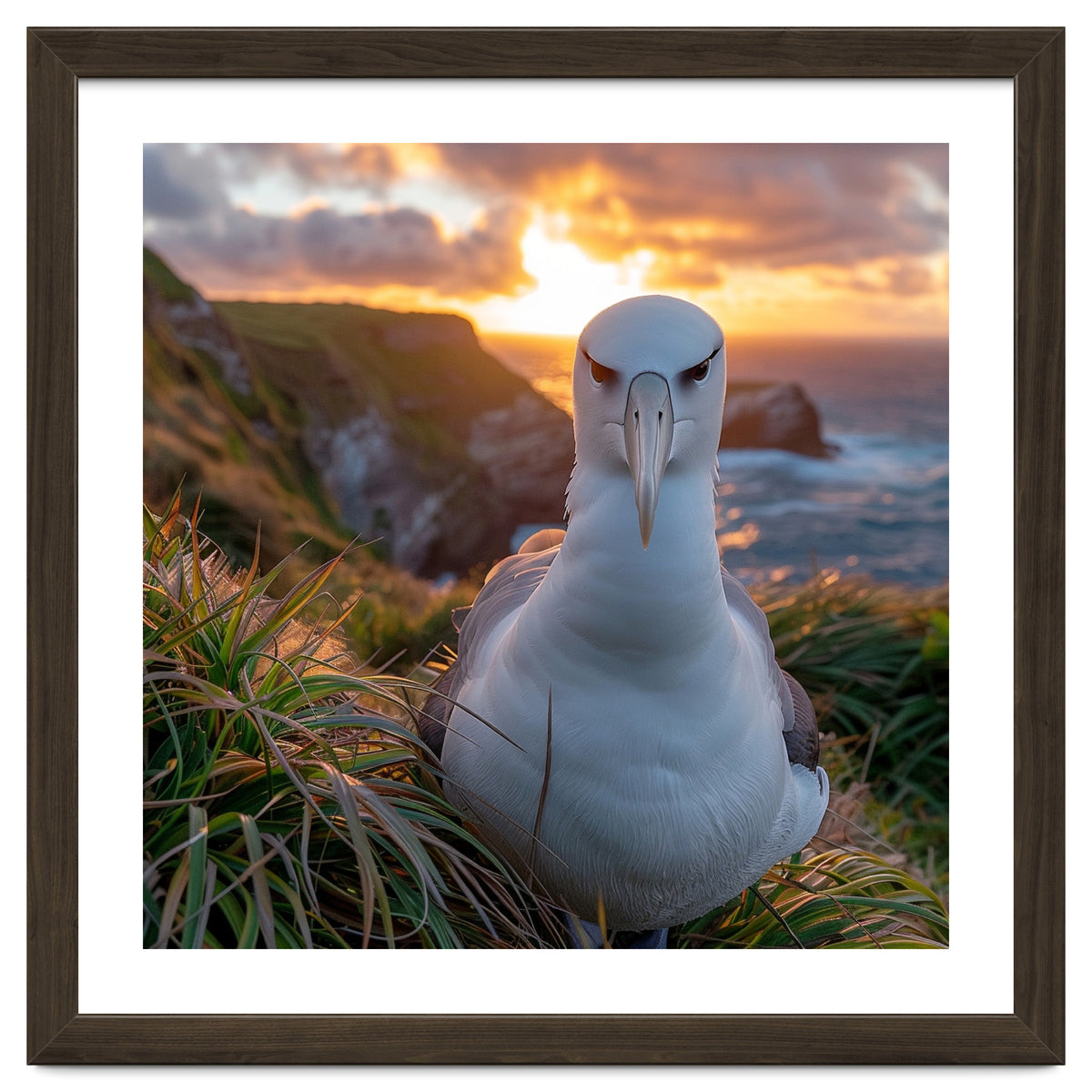 Albatross Bird On Grassy Cliff At Sunset