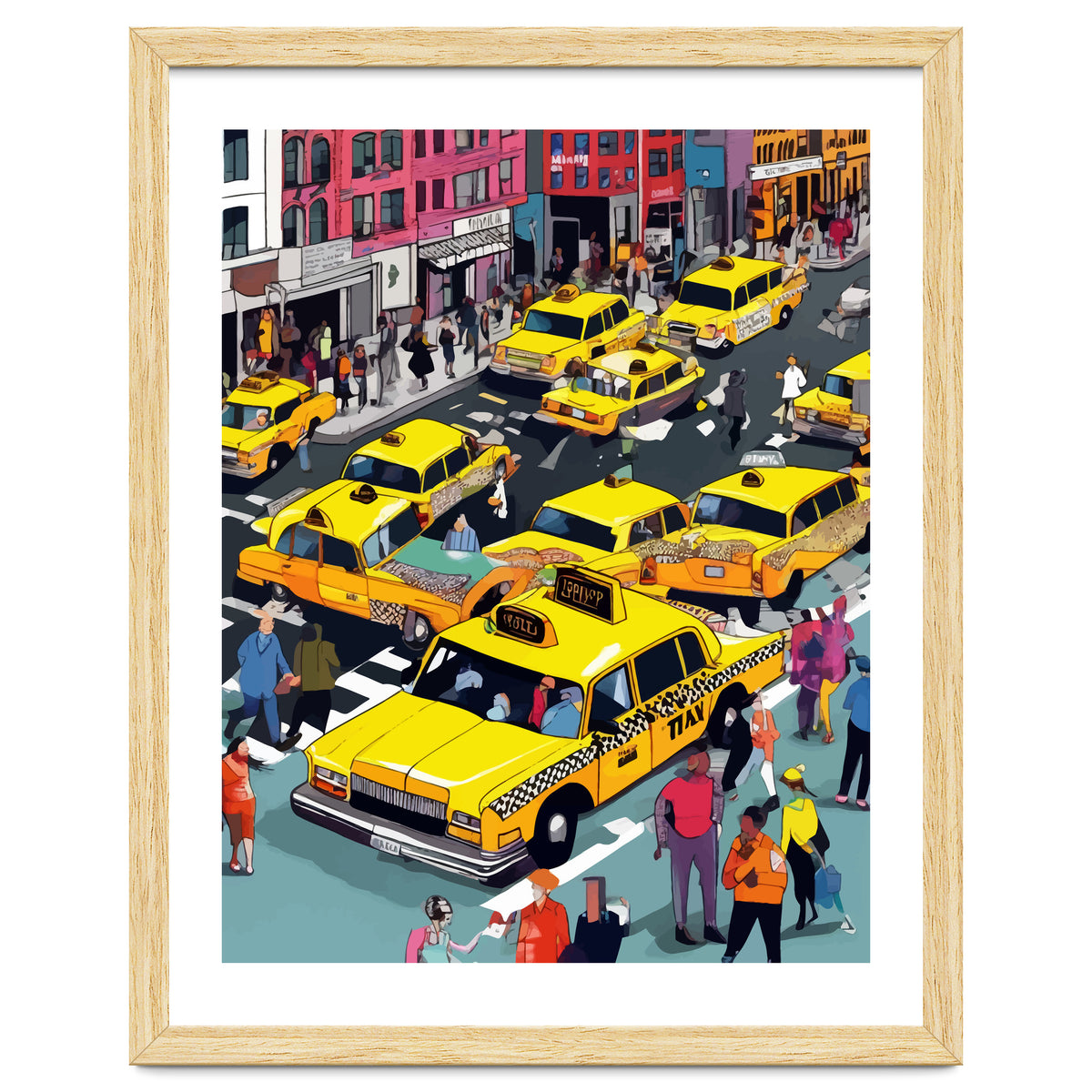 New York Minute, Yellow Taxi Cab Manhattan Downtown Busy Street, Traffic People Buildings Times Square Eclectic Road Architecture