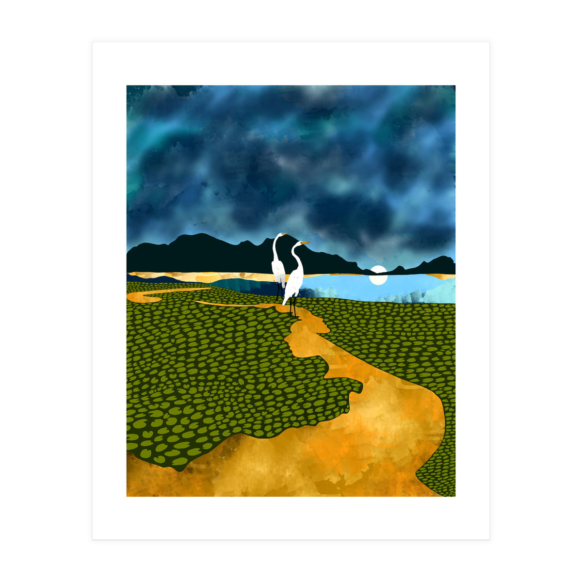 Great Egrets On Honeymoon Island, Heron Wildlife Painting Nature Landscape, Travel Dark Scenic Birds Love Animals Lake Bohemian (Print Only)