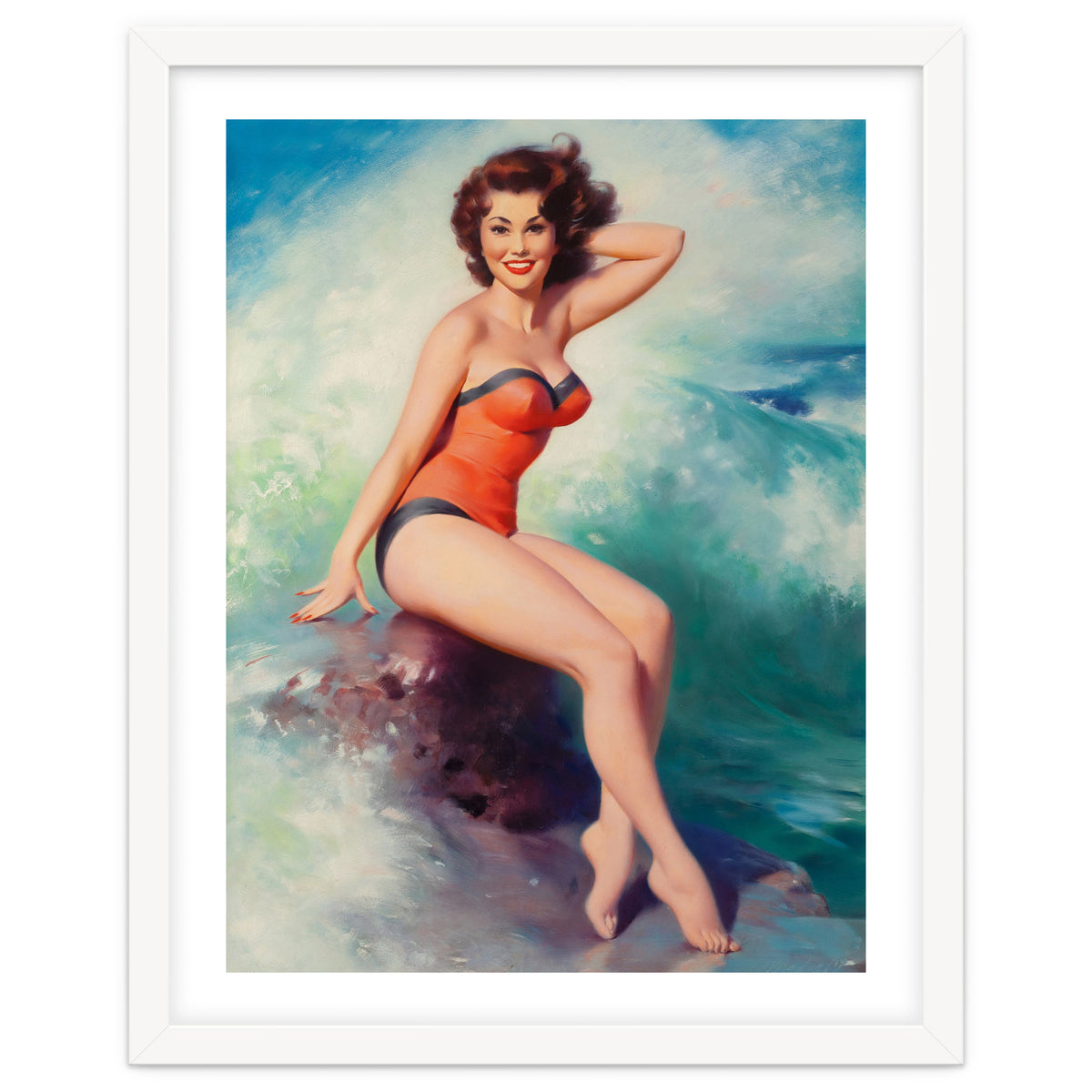 Pinup Girl Posing In Front Of Big Waves On The Beach