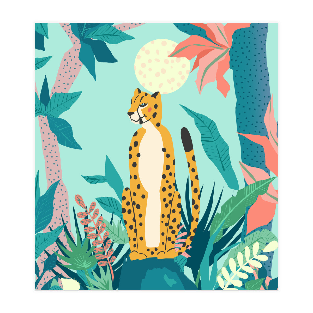 Leopard Forest, Pastel Tropical Jungle Nature Botanical, Moon Eclectic Colorful Wild Animals Boho (Print Only)