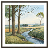 Pastoral Countryside Watercolor Painting with Winding Stream Meadows and Deciduous Trees Landscape thumbnail