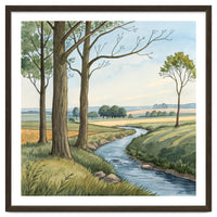 Pastoral Countryside Watercolor Painting with Winding Stream Meadows and Deciduous Trees Landscape
