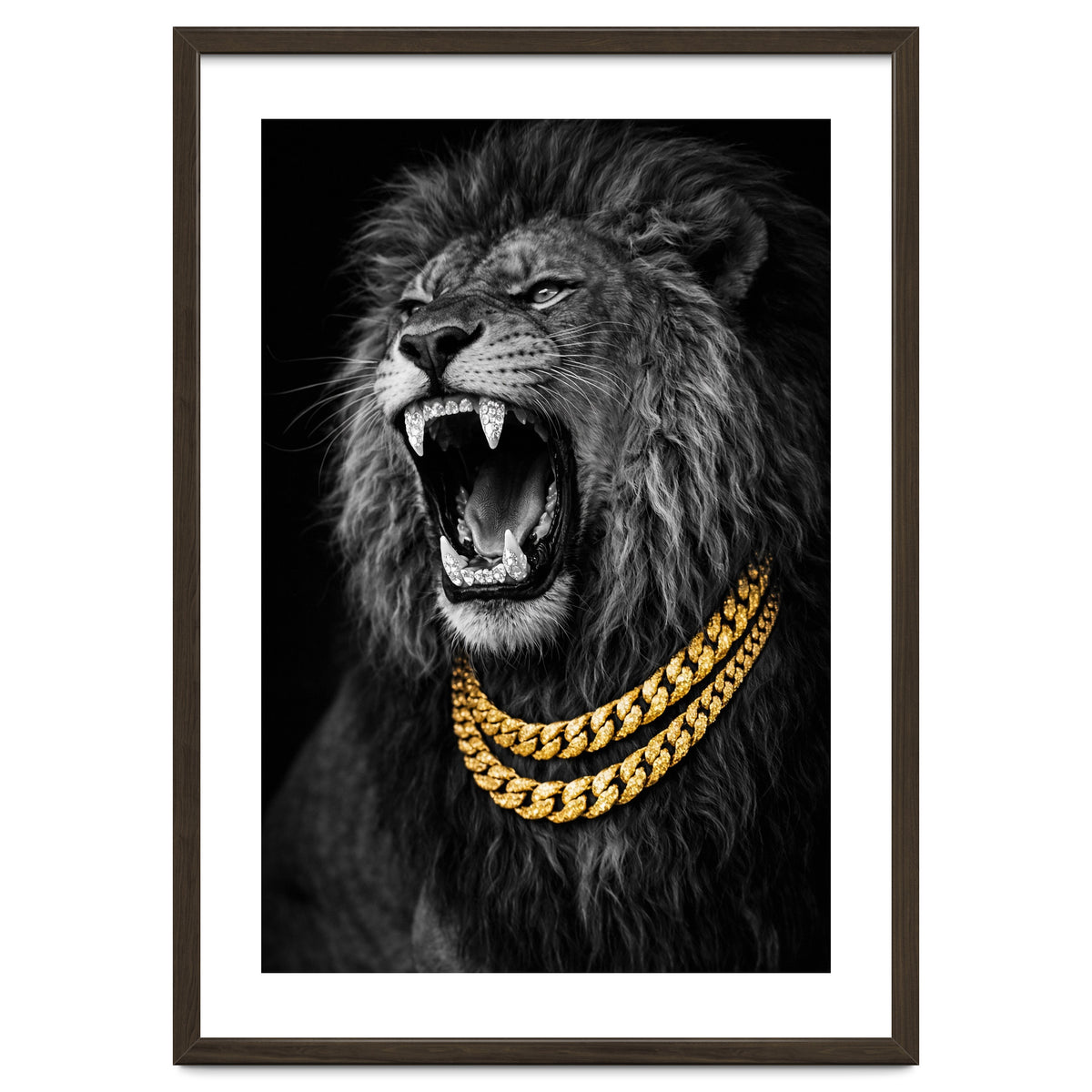 Bejweled hyper-realistic lion photography,diamond fangs portrait
