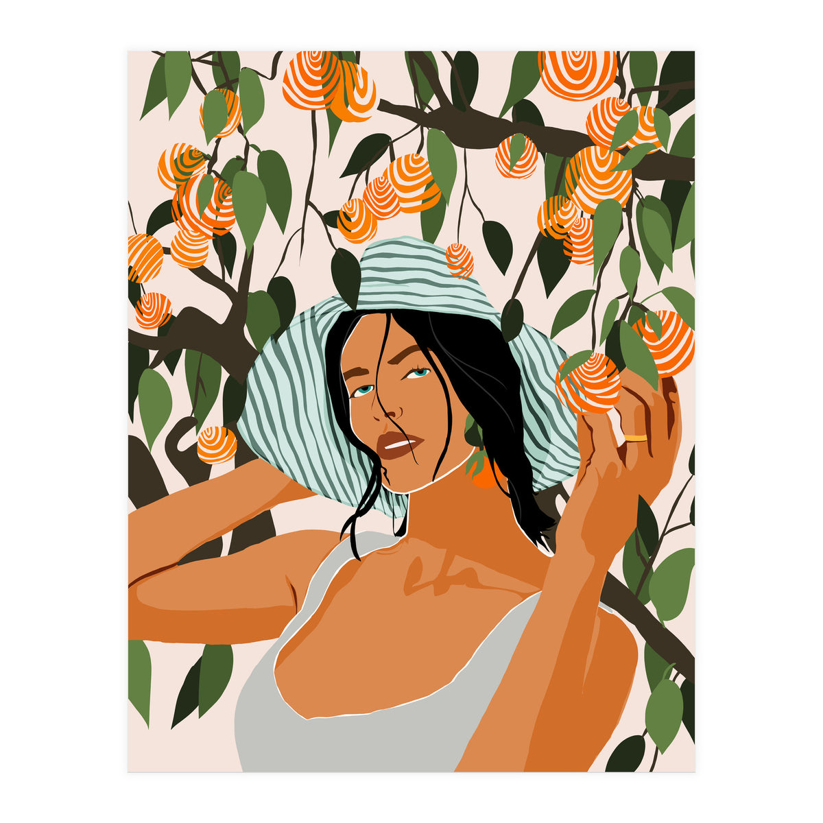 The Orange Grove, Bohemian Woman Summer Travel, Fashion Botanical Nature Garden, Plants Fruits Juicy (Print Only)