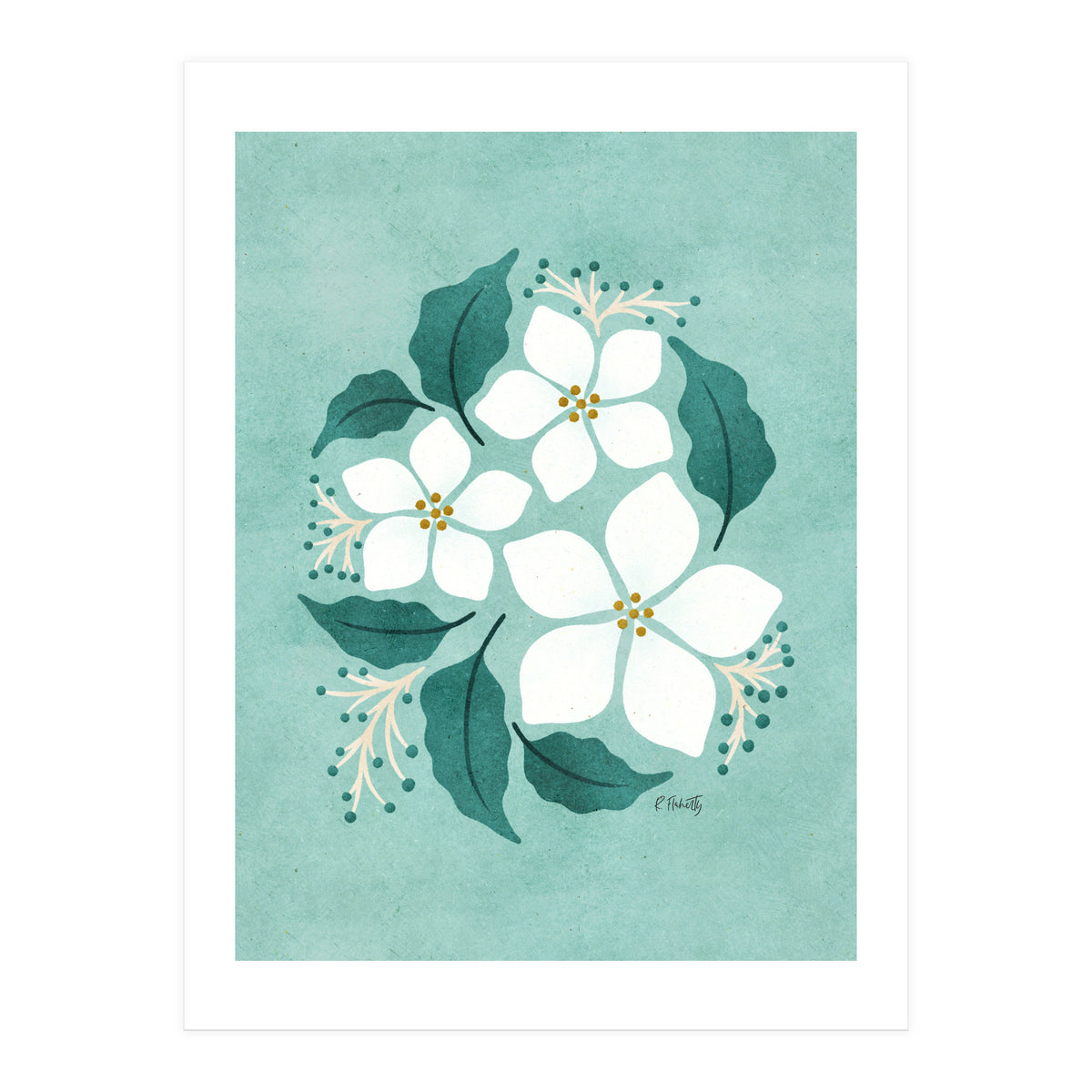 White Flowers On Mint (Print Only)