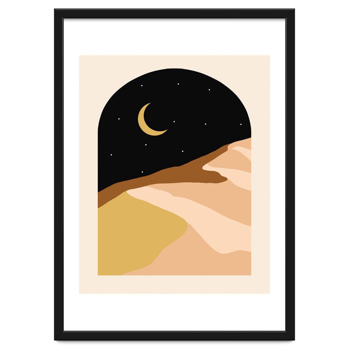 Desert Nights, Modern Bohemian Travel Sand Dunes, Eclectic Moon Stars Vintage Arc, Pastel Building Nature Landscape