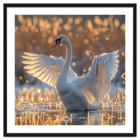 Swan Spreading Wings In Water Sunlight