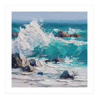 Dynamic Crashing Turquoise Ocean Wave Against Rugged Coastal Rocks (Print Only)