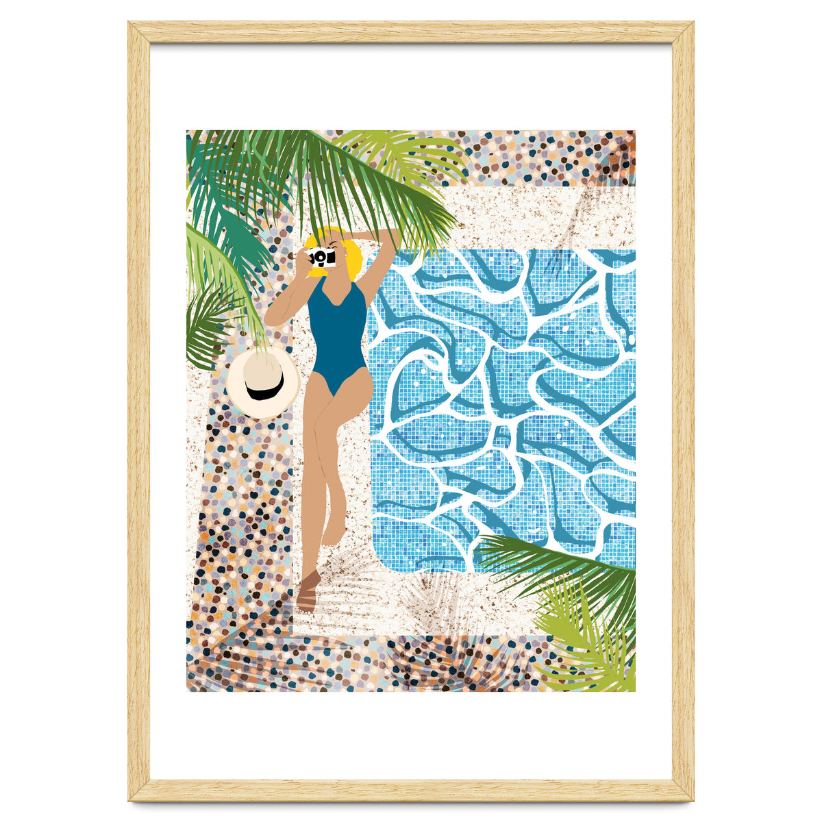 Click, Summer Travel Poolside Swim, Moroccan Tiles Staycation Vacation Holiday, Bohemian Woman Swimsuit Fashion Pose