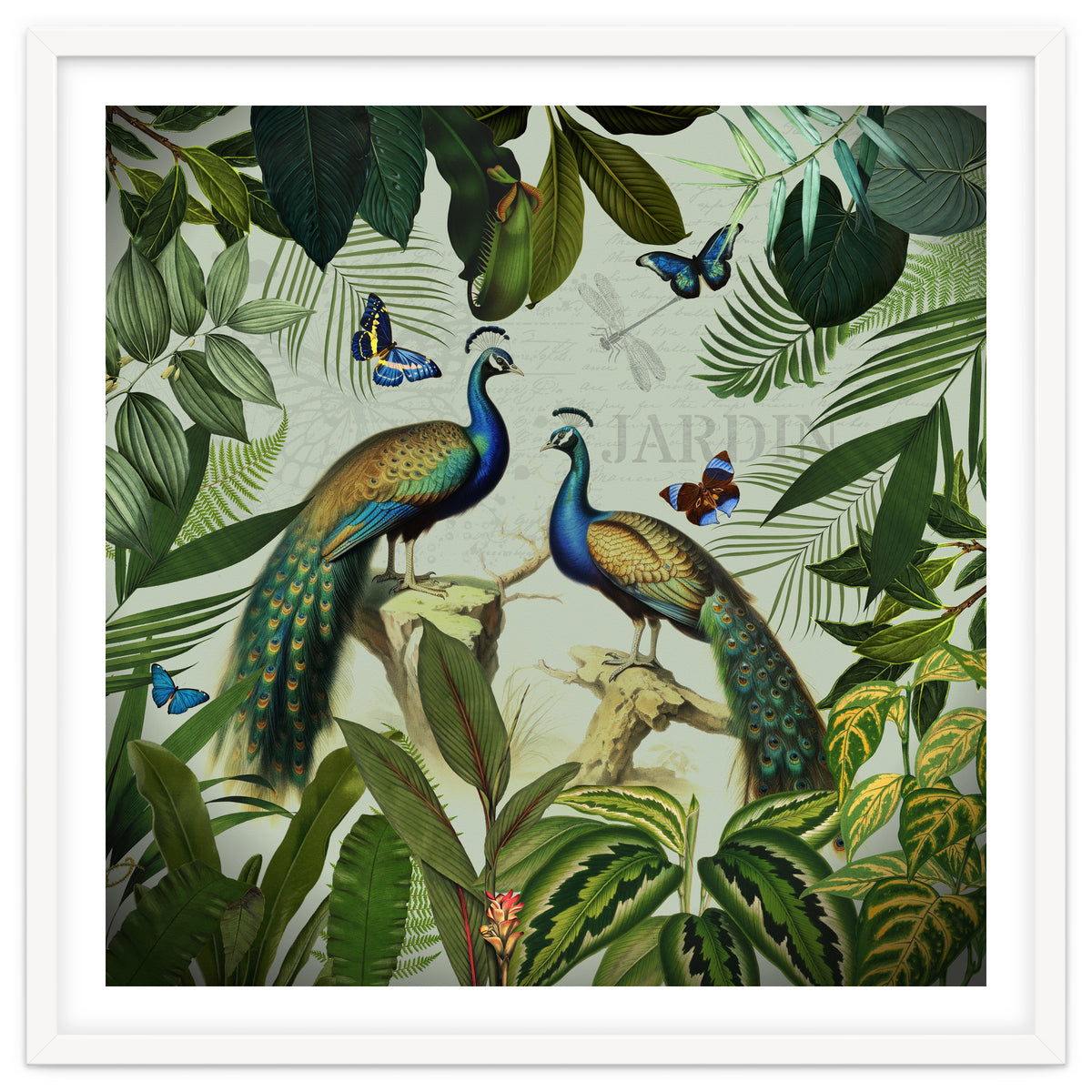 Vintage Exotic Asian Peacocks In Tropical Jungle Landscape