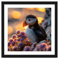 Puffin Bird Amidst Purple Flowers Golden Hour