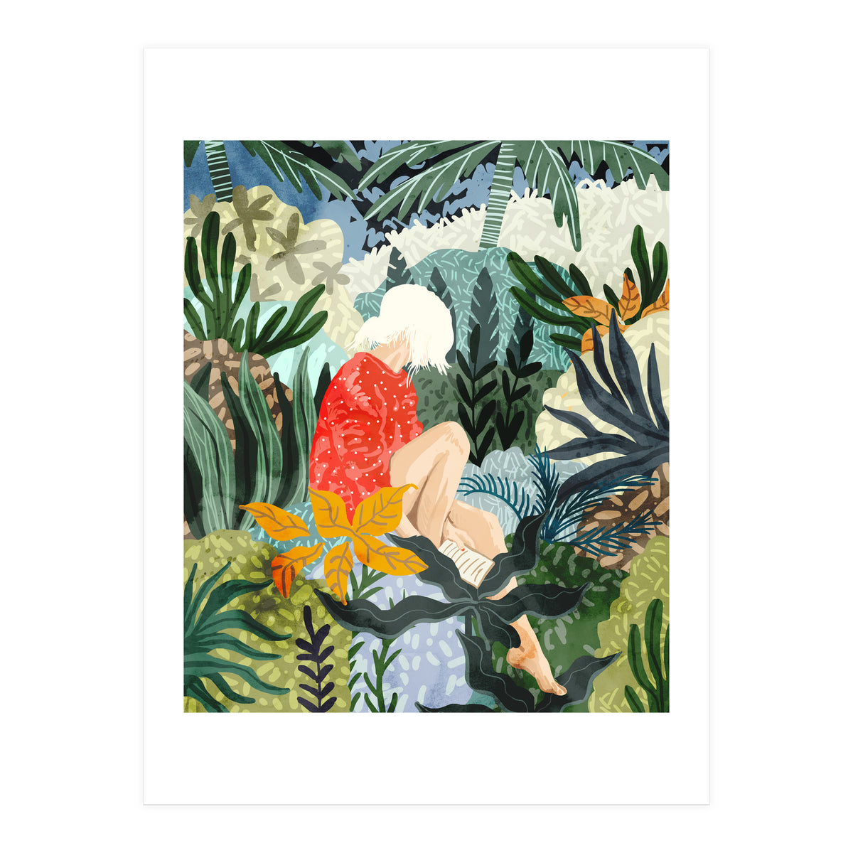 The Distracted Reader | Mindfulness Solo Travel | Bohemian Jungle Botanical Mood | Nature Book Lady (Print Only)