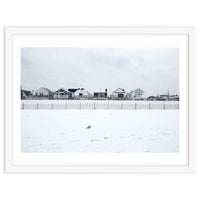 A seagull and snow covered houses