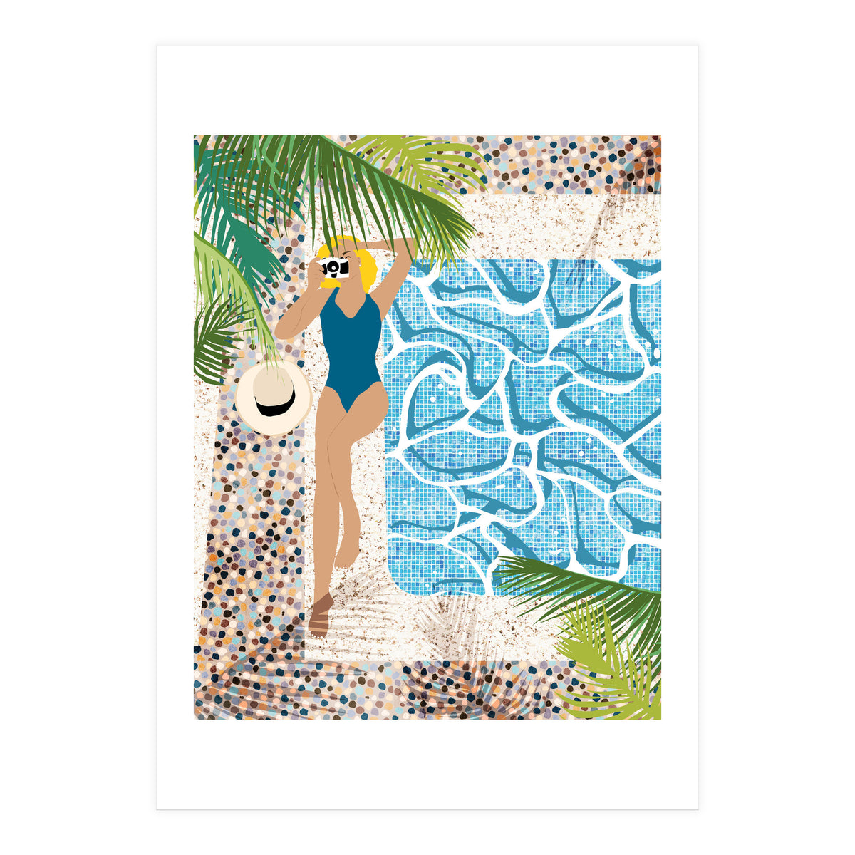 Click, Summer Travel Poolside Swim, Moroccan Tiles Staycation Vacation Holiday, Bohemian Woman Swimsuit Fashion Pose (Print Only)