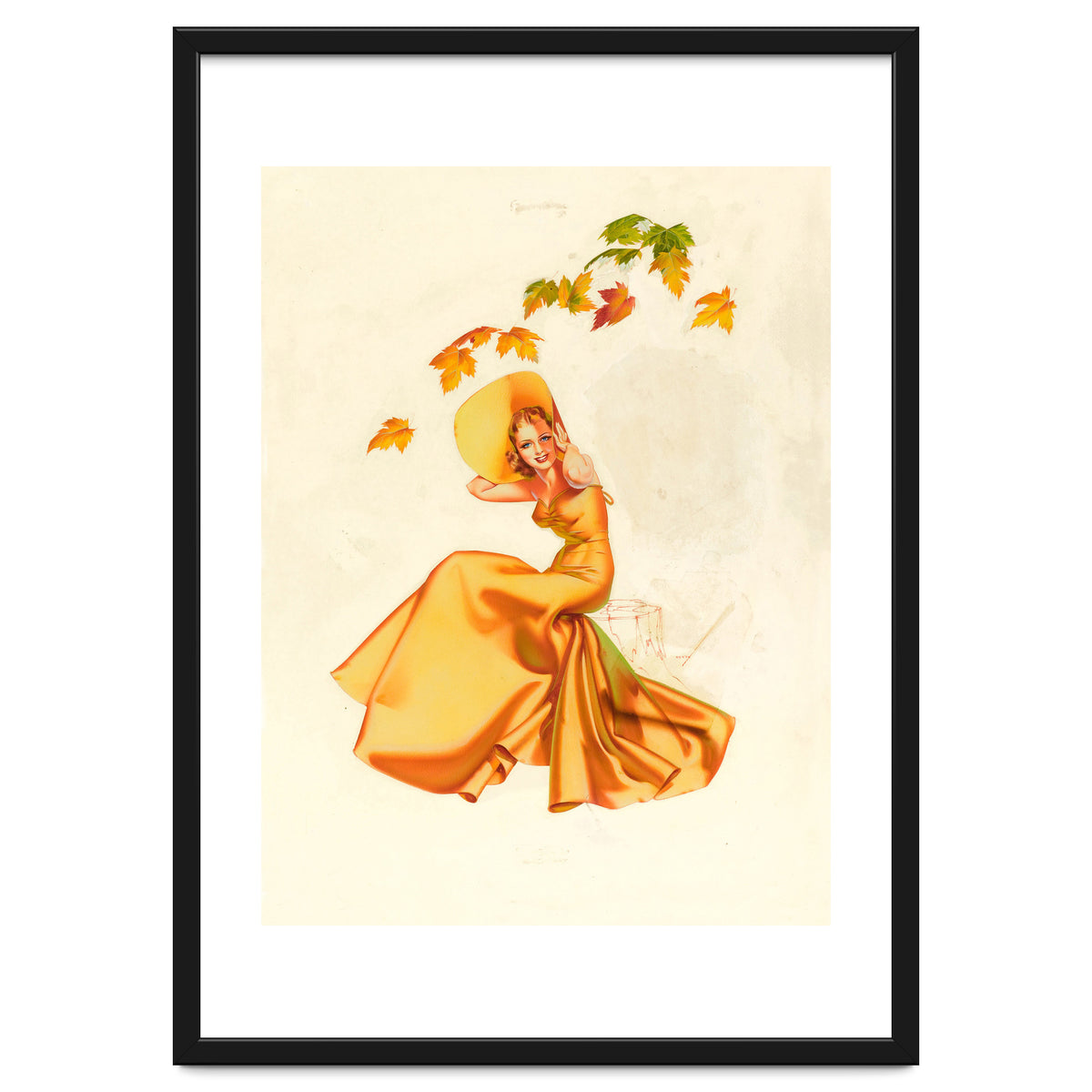 Woman Posing In Yellow Dress And Autumn Leafs